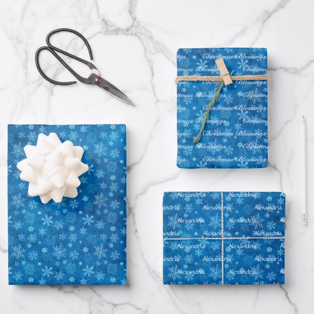 Blue Real Snowflakes Name Wrapping Paper Sheets Geschenkpapier Set (Vorderseite)