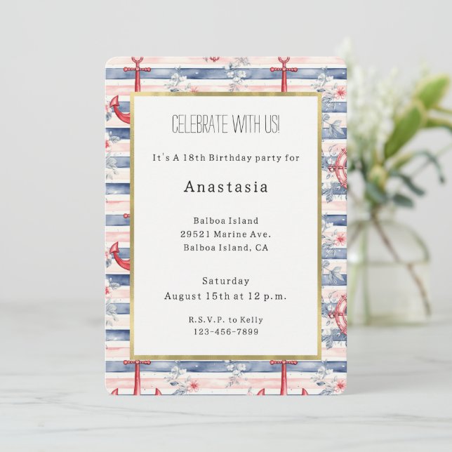 Blue Red Anchors Floral Stripes Beach Birthday Einladung (Stehend Vorderseite)