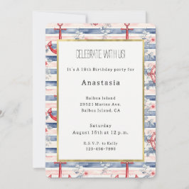 Blue Red Anchors Floral Stripes Beach Birthday Einladung