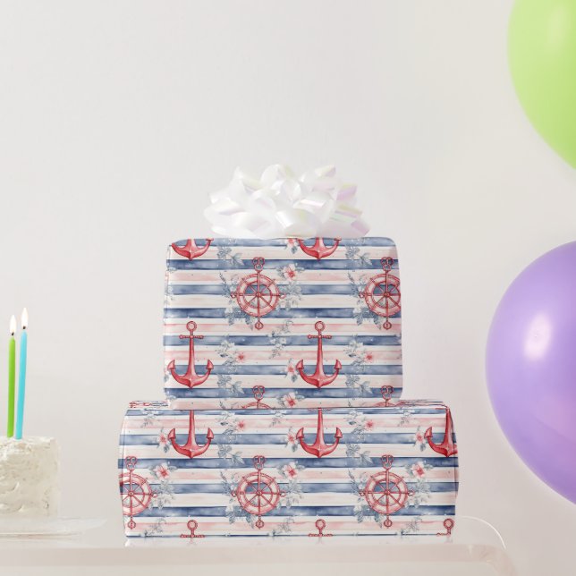 Blue Red Anchors Floral Stripes Beach Birthday Geschenkpapier (Partygeschenke)