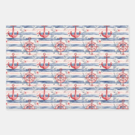 Blue Red Anchors Floral Stripes Beach Birthday Geschenkpapier Set