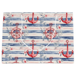 Blue Red Anchors Floral Stripes Beach Birthday Große Geschenktüte