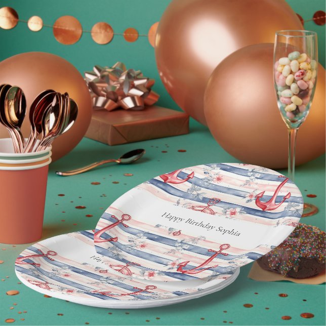 Blue Red Anchors Floral Stripes Beach Birthday Pappteller (Multi)