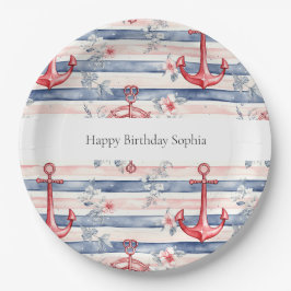 Blue Red Anchors Floral Stripes Beach Birthday Pappteller