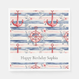 Blue Red Anchors Floral Stripes Beach Birthday Serviette