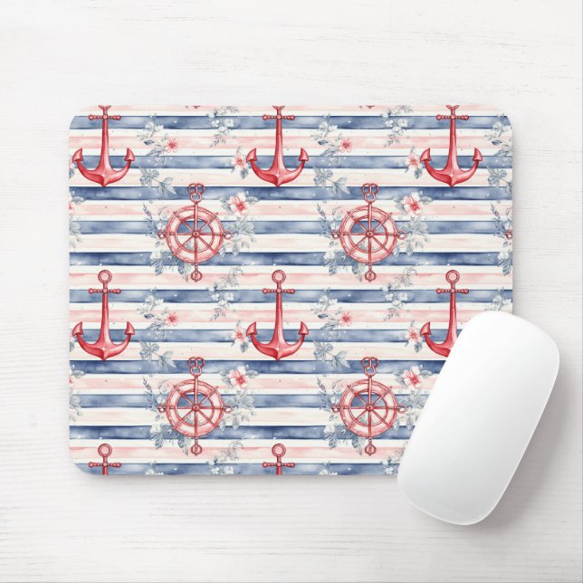 Blue Red Anchors Floral Stripes Beach  Mousepad (Mit Mouse)