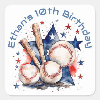 Blue Red Baseball Bat Ball Name BIrthday Party Quadratischer Aufkleber