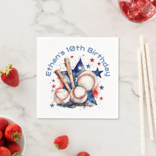 Blue Red Baseball Bat Ball Name BIrthday Party Serviette