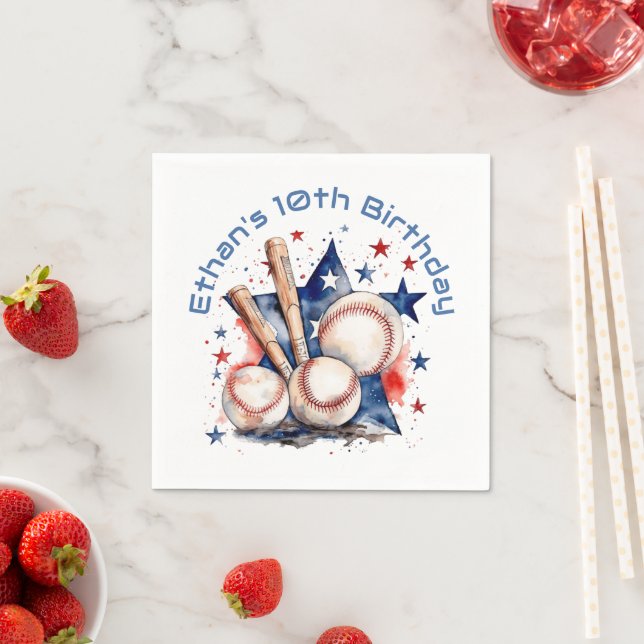 Blue Red Baseball Bat Ball Name BIrthday Party Serviette (Beispiel)