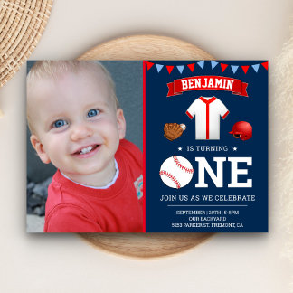 Blue Red Baseball Foto der ersten Geburtstagsparty Einladung