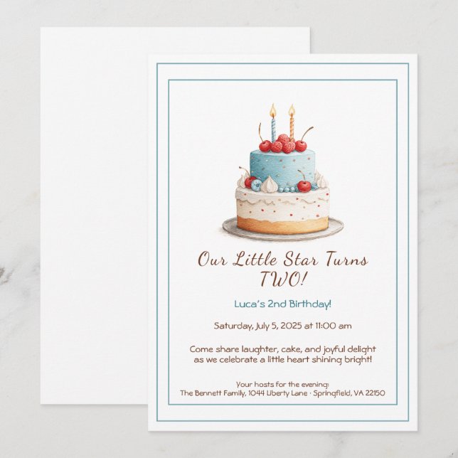 Blue & Red Birthday Cake - 2. Geburtstag Einladung (Vorne/Hinten)