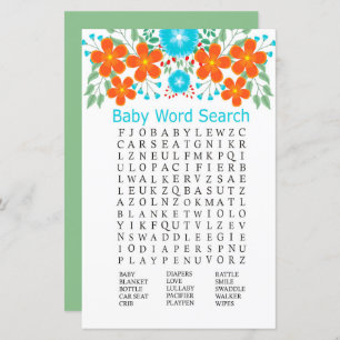 Blue Red Blume Baby Dusche Word Search Game