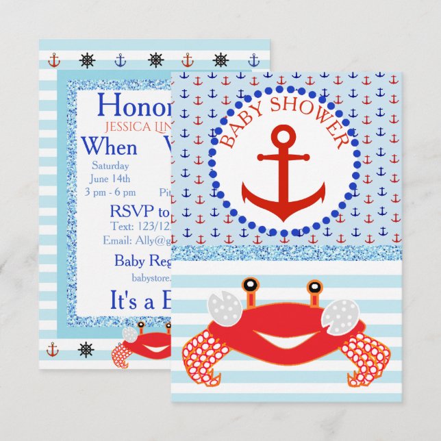 Blue & Red Boy Crab Beachy Baby Dusche Einladung (Vorne/Hinten)