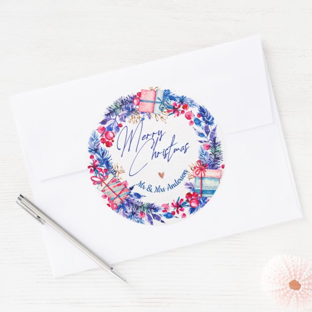 Blue Red Christmas Wreath Runder Aufkleber (Umschlag)