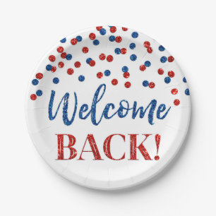 Blue Red Confetti Willkommen Back Paper Teller