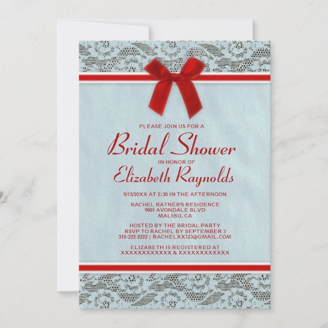 Blue & Red Country Lace Bridal Dusche Einladungen (Vorderseite)
