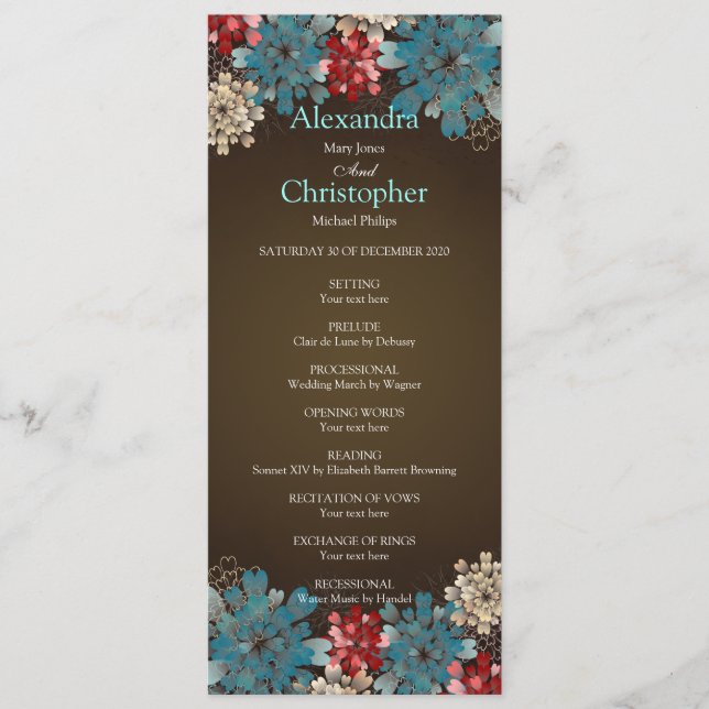 Blue Red & Cream Blume Retro Hochzeitsprogramm Programm (Vorderseite)