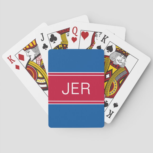 Blue & Red Custom Personalisiert Monogram Initials Spielkarten (Rückseite)