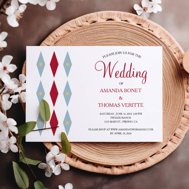 Blue Red Diamond Yellow Star Mid Century Wedding Einladung (Von Creator hochgeladen)