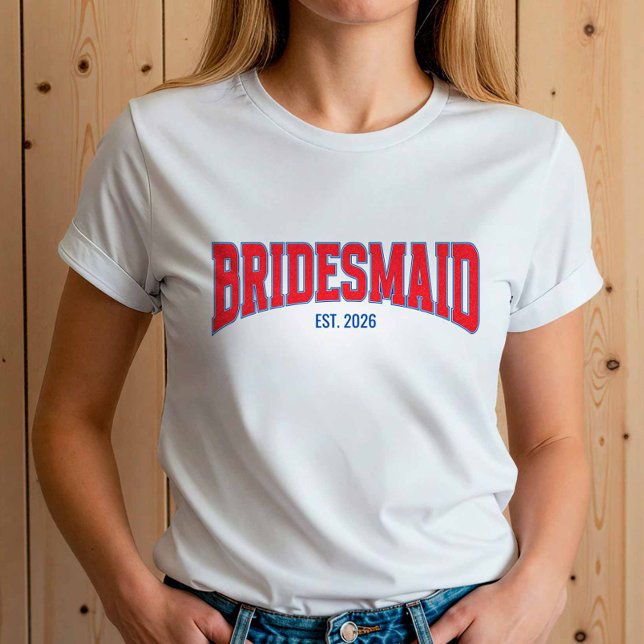 Blue + Red Faux Glitter BRIDESMAID Bachelorette T-Shirt (Red faux glitter with Blue)