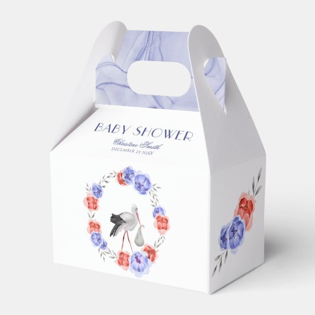 Blue Red Floral Stork Winter Baby Dusche Geschenkschachtel (Vorderseite)