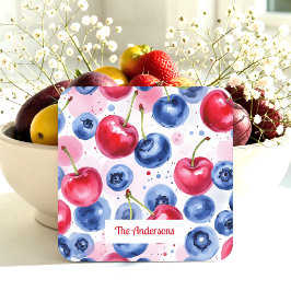 Blue Red Fruit Food Pattern Berry Cherry Rechteckiger Pappuntersetzer