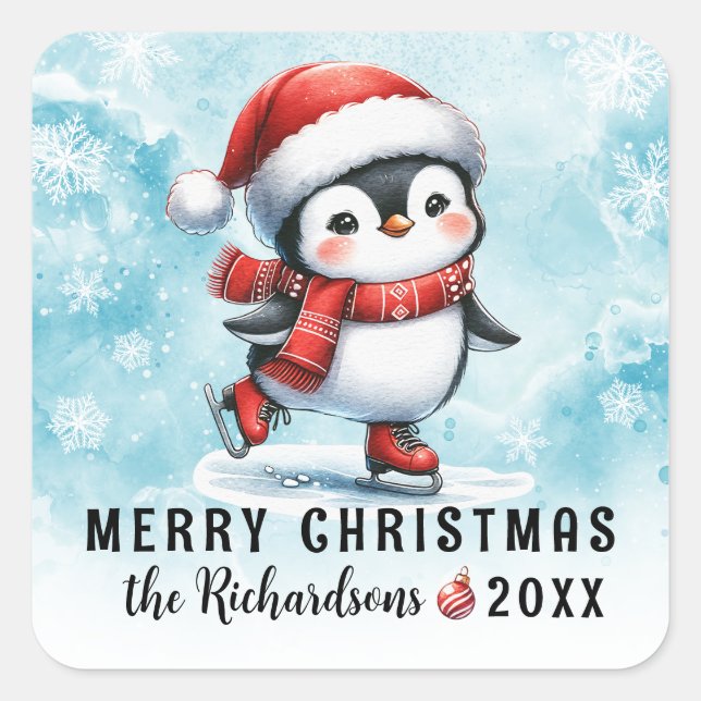 Blue Red Fun Penguin Ice Skater Frohe Weihnachten Quadratischer Aufkleber (Vorderseite)
