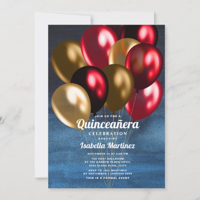 Blue Red Gold Balloons Quinceañera Einladung (Vorderseite)