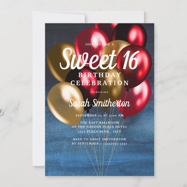 Blue Red Gold Balloons Sweet 16 Einladung (Vorderseite)
