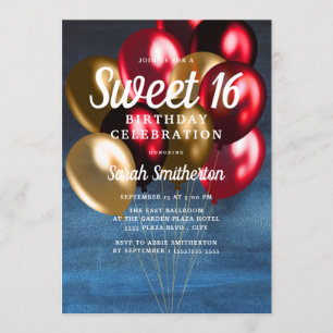 Blue Red Gold Balloons Sweet 16 Einladung