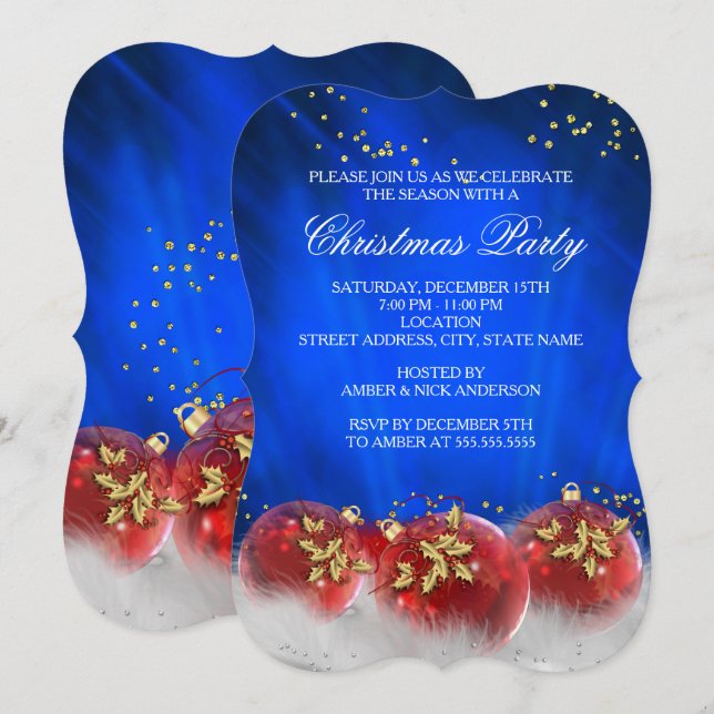 Blue Red Gold Baubles White Christmas Party Einladung (Vorne/Hinten)
