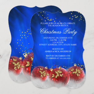 Blue Red Gold Baubles White Christmas Party Einladung