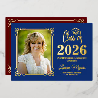 Blue, Red Gold FOIL Class of 2026 Photo Graduation Folieneinladung