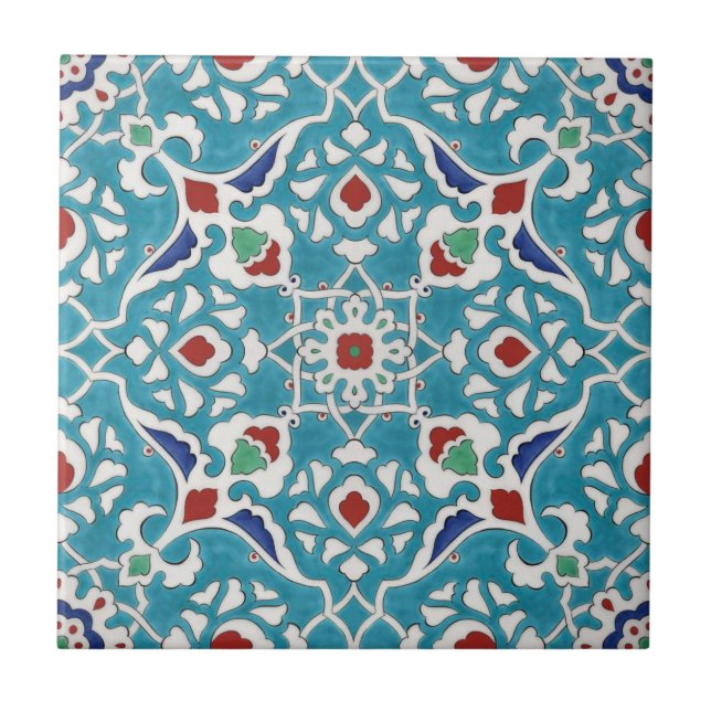 Blue Red Green White Azulejo Pattern Fliese (Vorderseite)