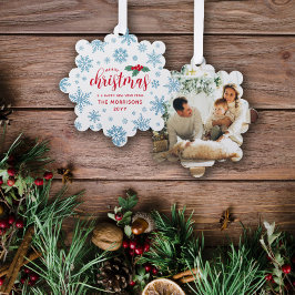 Blue Red Holly Snowflakes Frohe Weihnachts-Foto Ornament Karte