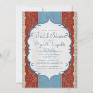 Blue Red Linen Burlap Lace Bridal Shower Invites Einladung