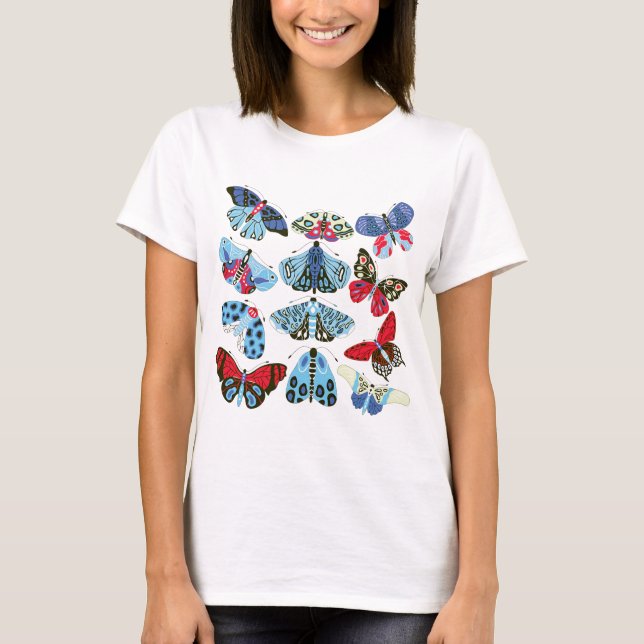 Blue Red Moth und Butterfly T - Shirt (Vorderseite)