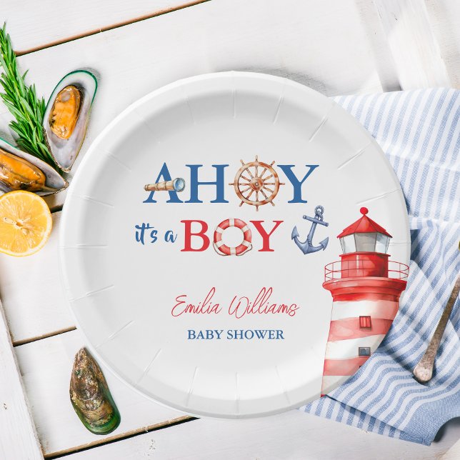 Blue Red Nautical Ahoy Boy Lighthouse Baby Shower Pappteller (Von Creator hochgeladen)