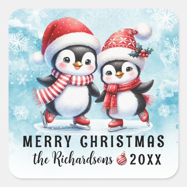 Blue Red Niedlich Penguins Custom Frohe Weihnachte Quadratischer Aufkleber (Vorderseite)