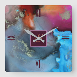 Blue Red Orange Abstract Waves Monogram Quadratische Wanduhr