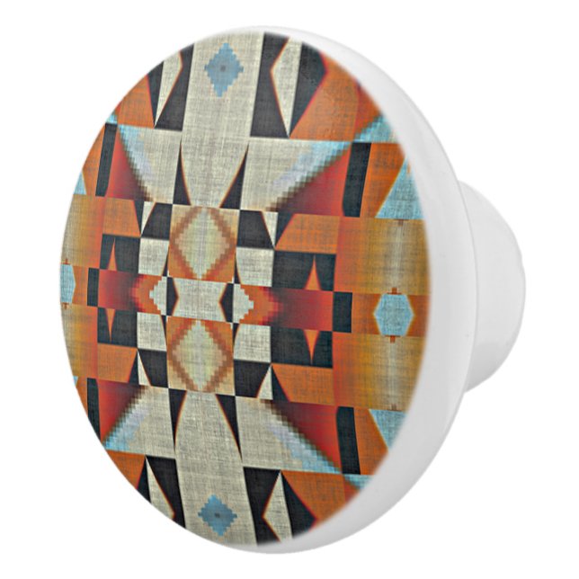 Blue Red Orange Taupe Brown Black Tribal Art Keramikknauf (Rechts)