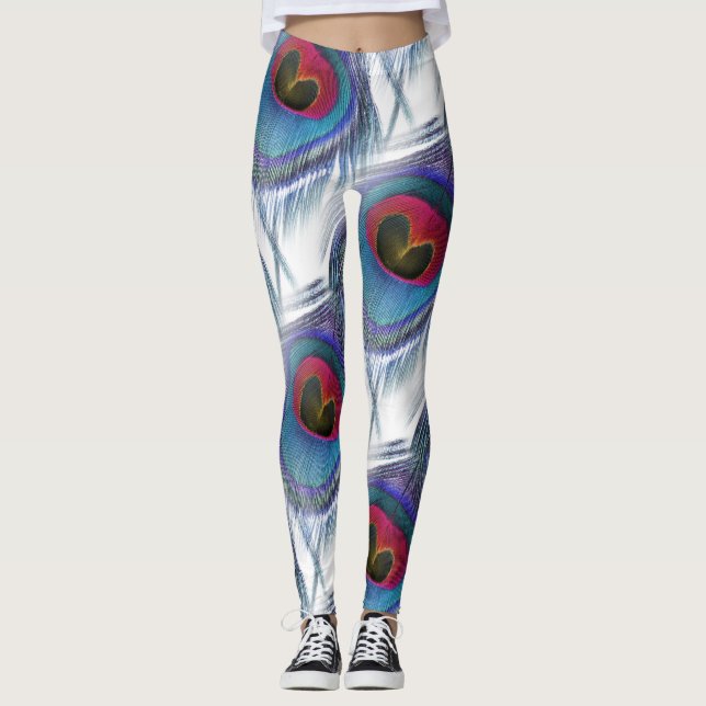 Blue Red Peacock Feathers Leggings (Vorderseite)