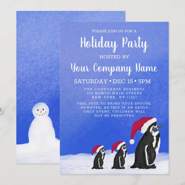 Blue Red Penguin Santa Family Firmenurlaub Einladung (Vorne/Hinten)