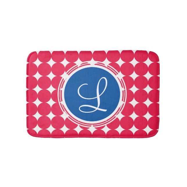 Blue & Red Polka Dot Monogram Badematte (Vorderseite)