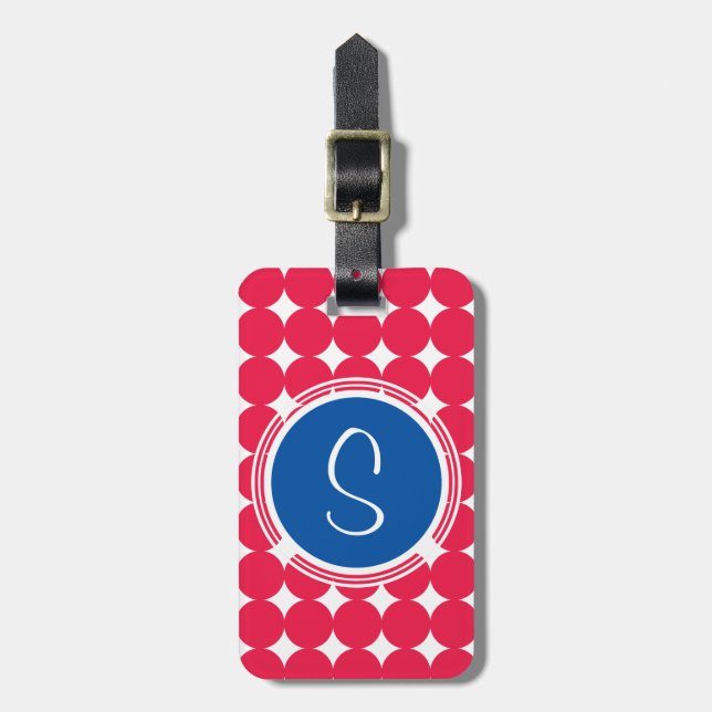 Blue & Red Polka Dot Monogram Gepäckanhänger (Vorderseite vertikal)