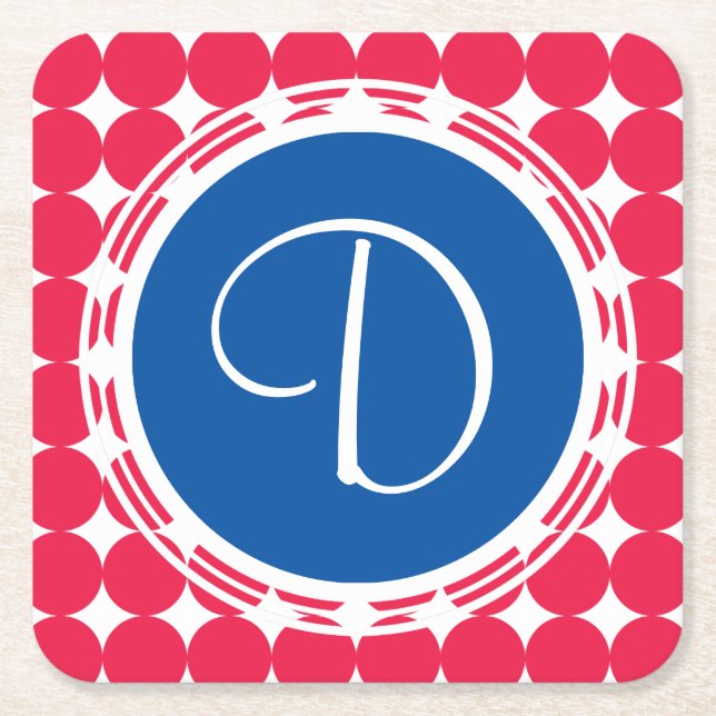 Blue & Red Polka Dot Monogram Rechteckiger Pappuntersetzer (Vorderseite)