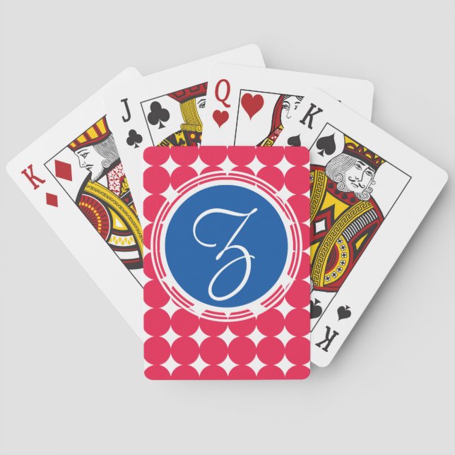 Blue & Red Polka Dot Monogram Spielkarten (Rückseite)