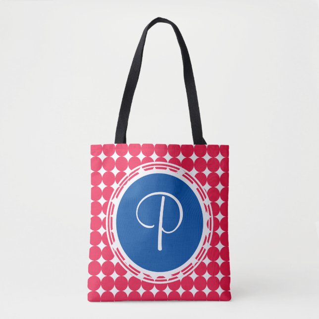 Blue & Red Polka Dot Monogram Tasche (Vorderseite)