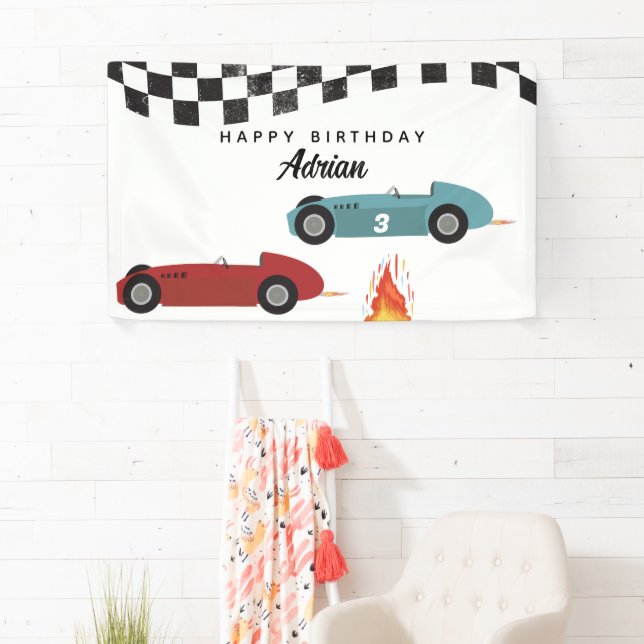 Blue Red Race Fast Retro Racing Cars Birthday Banner (Insitu)