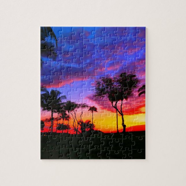Blue Red Sunset Exotic Hawaiian Beach Palm Bäume (Vertikal)